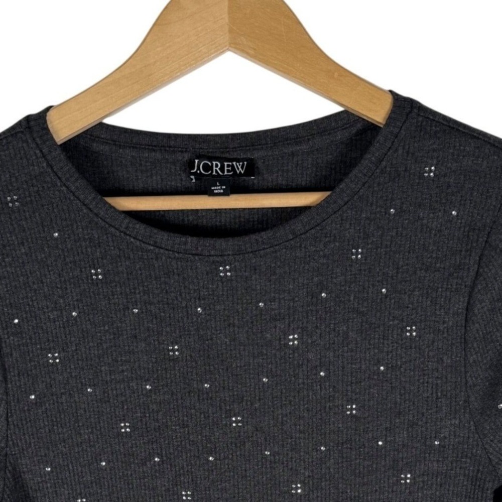 J.Crew Ribbed Rhinestone Long Sleeve Top Womens L Charcoal Grey Cotton Crewneck